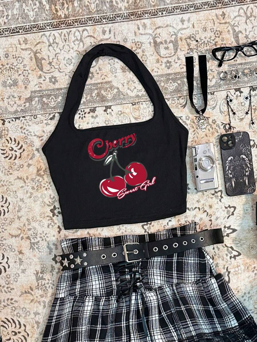 Attitoon 樱桃图案露背短款背心，女式合身夏装 - 黑色 - 查看 1