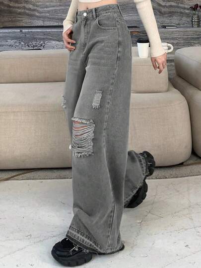 DAZY Women's Loose Fit Pocket Distressed Wide Leg Casual Versatile Jeans,Baggy Jeans