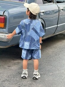 SHEIN Little Byeori 小男孩休閒韓系寬鬆字母藍色圖案圓領短袖T恤與短褲兩件套，適合通勤、上學、日常休閒外出、運動，春夏季穿著 - 藍色 - 查看 2