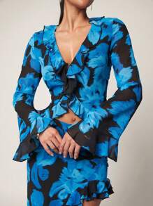 Silquee Blusa elegante de manga larga con cuello en V, con estampado floral y ribete de volantes para mujeres - Multicolor - Ver 3