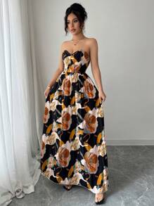 Elenzga 万圣节数码印花紧身胸衣腰部 A 字褶皱度假优雅浪漫女士休闲连衣裙 - 彩色 - 查看 3