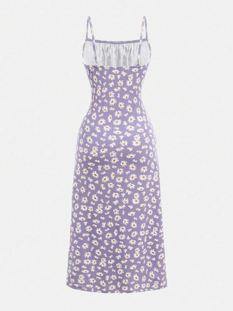 SHEIN Girlism Tween Girl Knitted Ditsy Floral Casual Spaghetti Strap Split Hem Dress - Mauve Purple - View 2