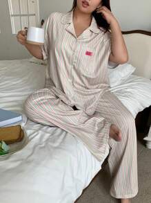 Dazy Plus Patchwork Striped Lapel Sleepwear Set, Includes Shirt & Pants - Green - View 3