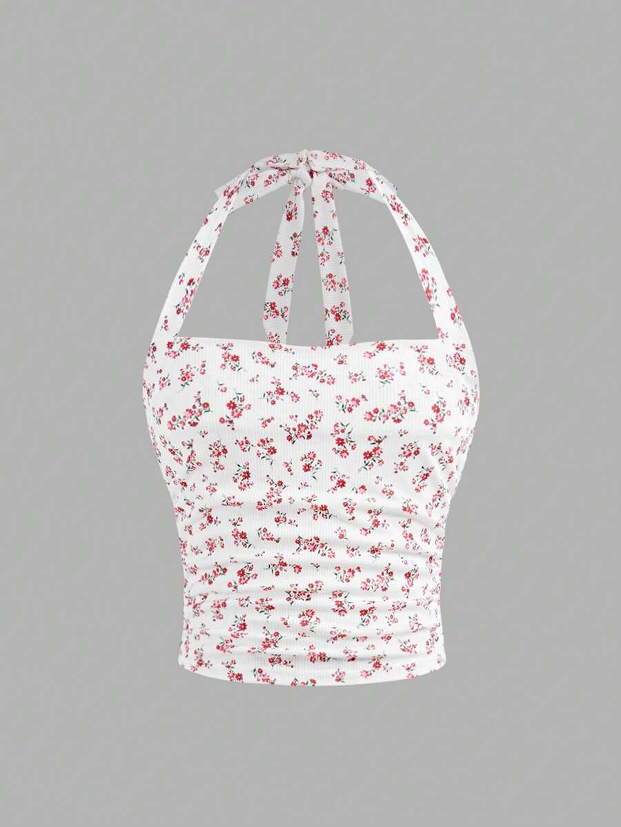 Tween Girls' Casual Resort Bow Decor Ditsy Ditsy Floral Slim Fit Side Ruched Halter Neck Knitted Rib Tank Top - Red - View 1