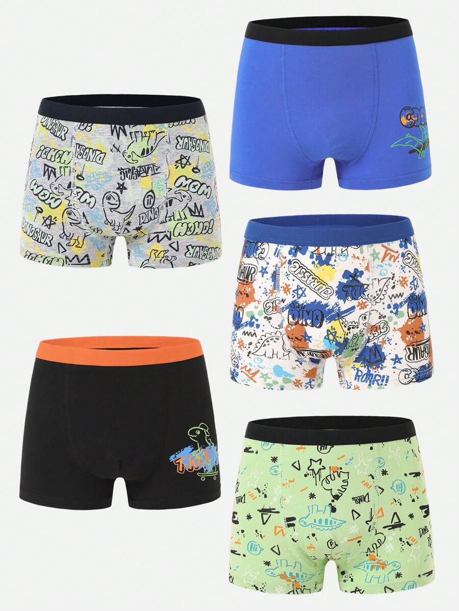5条装 男童纯棉舒适可爱泼墨恐龙印花内裤