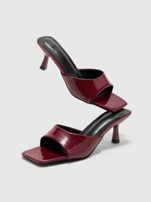 CUCCOO BIZCHIC Chic Burgundy Glossy Patent Leather Simple Square Toe Thin High Heel Mule Sandals, Suitable For Commuting, Dating, Gathering, Party, Holiday, Wedding Summer Shoes - Burgundy - View 9