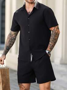 Manfinity Homme 2pcs/Set Men's Textured Jacquard Short Sleeve T-Shirt And Shorts Set - Black - View 3