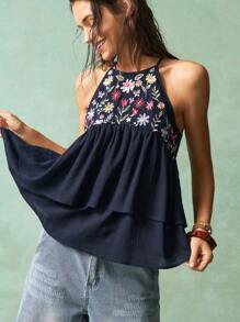 Bohemela Women Casual Solid Color Woven Embroidered Off-Shoulder Tank Top - Black - View 4