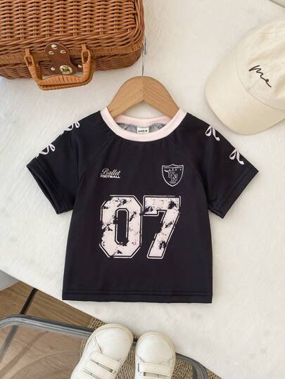 Toddler Girl American Style Graphic Print T-Shirt Matching Butterfly Print, Casual Cute & Chic, Suitable For Baby Summer Outdoor Wear