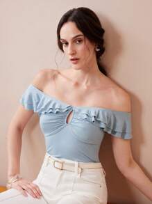 Chiquease Wedding Season Off Shoulder Blue Ruffle Twist Form-Fitting Sexy Top - Blue - View 8