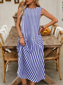 Omancia Robe longue fendue à poches avec nœuds en bambou rayés sans manches, style casual pour femmes, Printemps/Été - Bleu azur - Voir 4