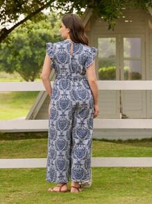 LanaWest 大码女式 V 领荷叶边碎花宽松连体裤，优雅时尚女式长款夏季连衣裙，清凉装束，缓解压力，晚礼服，圣帕特里克节，波西米亚风节日，春假