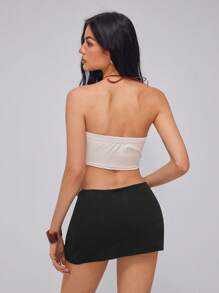 Roylia 女士纯色抹胸拼布下摆流苏休闲假日上衣 - 杏色 - 查看 2