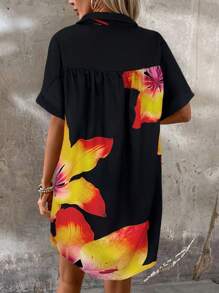 SHEIN LUNE Women Floral Printed Front Open Collar Short Sleeve Mini Dress, Spring/Summer - Black - View 2