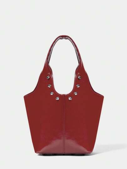 SHECARRY 女士时尚朋克街头风格 Y2K 铆钉桶形勃艮第红手提包情人节礼物