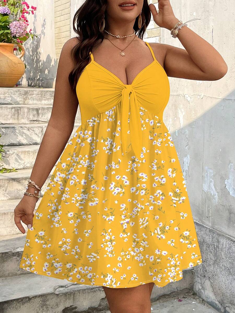 SHEIN VCAY 大码女式碎花前结吊带无袖宽松沙滩裙 - 黃色 - 查看 1