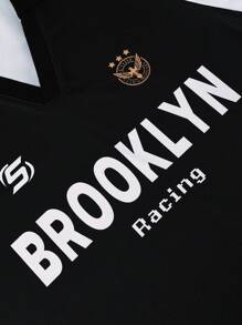 Manfinity Campus Court 男士夏季休闲拼色条纹字母印花短袖 Polo 衫布鲁克林衬衫针织衫，适合秋季 - 黑色 - 查看 4