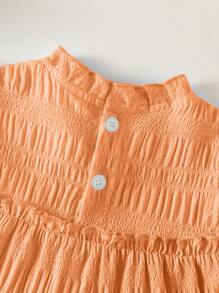 SHEIN Babygirl Summer Light Blue Sweet Bow Embroidered Cake Dress, With Little Flutter Sleeves And Ruffled Collar Design, A Perfect Blend Of Elegance And Cuteness. The Bow Embroidery On The Chest Adds A Touch Of Playfulness. Ideal For Sunny Summer Outings, Perfect For Lounging At Home, And Attending Family And Friends' Parties, Making It The Ultimate Choice For Various Occasions. - Orange - View 6