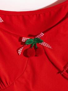 Flirla Plus Size Women's Square Neck Puff Sleeve Summer T-Shirt - Red - View 5