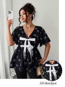 Elenzga Plus Size Women's Summer Casual Vacation Ribbon Bowknot Ruffled Sleeve A-Line Waist Shirt - Black - View 7