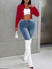Chaqueta casual de mujer de un solo botonadura, de manga larga y hombros caídos, de unicolor - Rojo - Ver 3