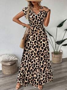 SHEIN LUNE Vintage Leopard Print Shirred Cap Sleeve Cinched Waist Ruffle Hem A-Line Maxi Dress, Casual Vacation Elegant Outing Dress For Women Leopard Dress,Sun Dresses For Women