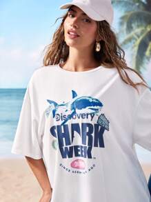 Shark Week X SHEIN Tricou cu mânecă scurtă cu decolteu rotund și cu litere, cu mânecă scurtă - alb - Vizualizare 8