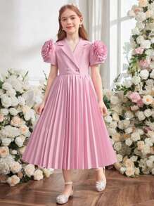 Tween Girls Pink 3D Floral Pleated Vintage Stylish Dress