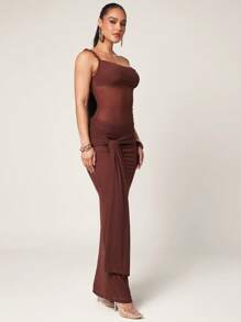 Silquee 女式夏季性感纯色不对称领口连衣裙 - 鏽棕色 - 查看 7