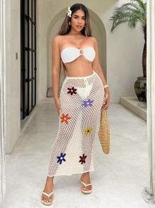 SHEIN SXY Floral Pattern With Drawstring Waist See-Through Sweater Skirt - Beige - View 1