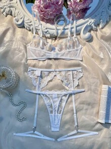 Esselle 5pcs Women Sheer Embroidery Sexy Lingerie Set For Going Out - White - View 2