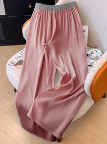 Calvaya Plus Size Women Elastic Waist Casual Straight Leg Pants, Versatile New Arrivals - Dusty Pink - View 2