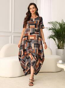 Lacomfia Vestido holgado casual de mujer con estampado de bloques de color - Multicolor - Ver 1