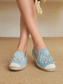 Styleloop Cuccoo Turquoise Beaded Diamonte Rope Sole Fisherman Flat Shoes For Women - Ice Water - View 2