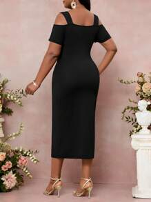 SHEIN Lady Đầm bodycon tay ngắn hở vai cỡ lớn cho nữ trang phục du ngoạn thanh lịch dành cho nữ, Đầm trang trọng dành cho nữ - màu đen - Xem 2
