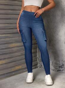 SHEIN SXY 女士宽松洗水做旧修身工装牛仔裤 - 藍色 - 查看 5