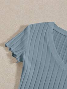 Comfortcana Plus Size Smoky Blue V-Neck Ribbed Fitted Bodysuit, Casual Short Sleeve - Dusty Blue - View 5