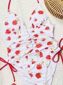 SHEIN Random Floral Print Ruched Wireless Halter Drawstring One-Piece Swimsuit Cute Teenage Girl Beach Bikini' - Multicolor - View 6