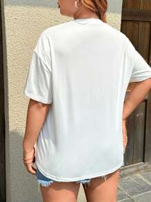 Plus Size Women Floral & Letter Print Short Sleeve Casual T-Shirt - White - View 2