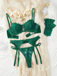 5pack Embroidery Mesh Ring Linked Garter Underwire Lingerie Set - Dark Green - View 6