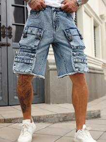 Manfinity Roughcore Herren ausgewaschene hellblaue Denim Cargo Shorts, Streetwear Loose Fit Jorts - Helle Waschung - Übersicht 3