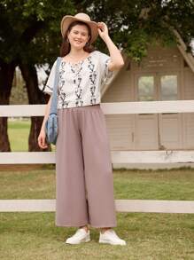 LanaWest Conjunto de top y pantalones de talla grande con cuello redondo y estampado de plantas - Multicolor - Ver 3