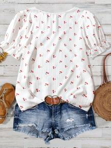 SHEIN LUNE Áo cánh tay bồng ngắn cổ vuông in họa tiết quả anh đào cỡ lớn cho nữ - trắng - Xem 2