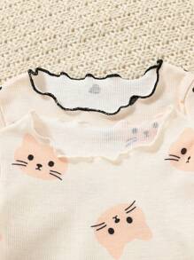 SHEIN 4 件套新生女婴可爱卡通印花针织弹力长袖上衣和松紧腰长裤套装，秋冬