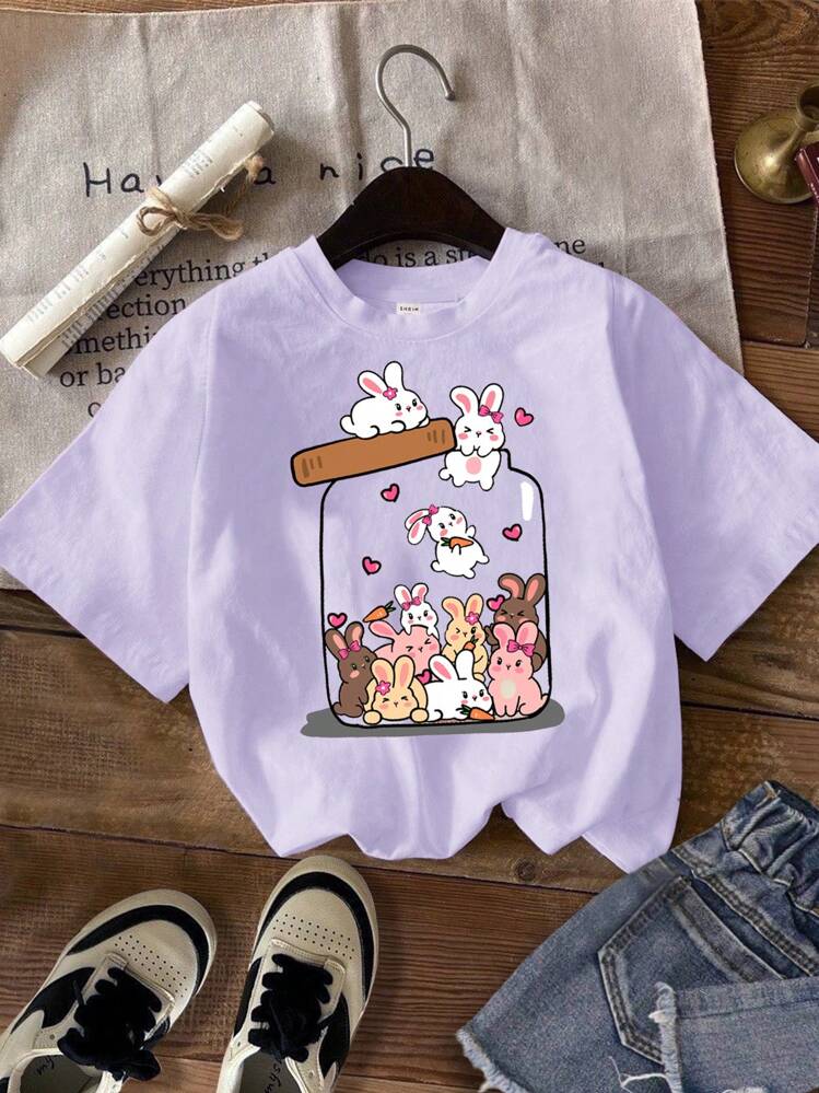 SHEIN Leap Crew 少女休闲卡通图案T恤，夏季百搭单品 - 彩色 - 查看 4