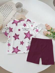 SHEIN Leap Crew 2件套女童休闲简约短袖短裤套装适合夏季 - 彩色 - 查看 3