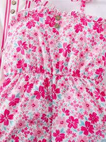 SHEIN 年轻女孩夏季休闲荷叶边纽扣装饰细肩带连体裤 - 玫紅色 - 查看 6