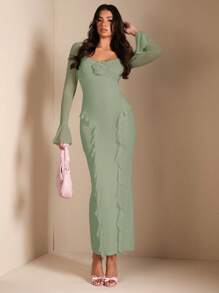 SHEIN BAE Elegant Floral 3D Decor Long Sleeve Ruffled Hem Dress, Perfect For Daily Wear, Dates, Outings, Parties, Fall Outfit For Women,Mint Green Dress