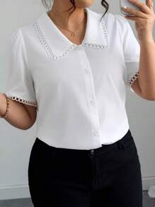 Elenzga 加大码女式优雅白色衬衫，商务休闲衬衫，彼得潘领和蕾丝花边