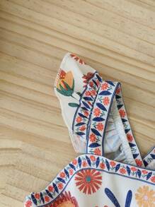 婴儿女孩 0-3 岁度假休闲短款盖袖波西米亚风格长裙，适合户外穿着，春夏季